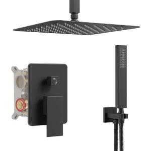 Ceiling Mount Shower System, Black Shower Faucet Set with 12-Inch Rain Showerhead and Handheld Spray Combo, High-Pressure Showerheads Set with Valve and Trim Kit, Matte Black