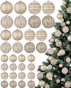 32 Pcs Christmas Hanging Balls - 3 Size Glitter Pearl & Sequin Xmas Tree Ornaments Pearl Balls for Thanksgiving Day Xmas Trees Wreath Garland Holiday Party(Champagne Gold)