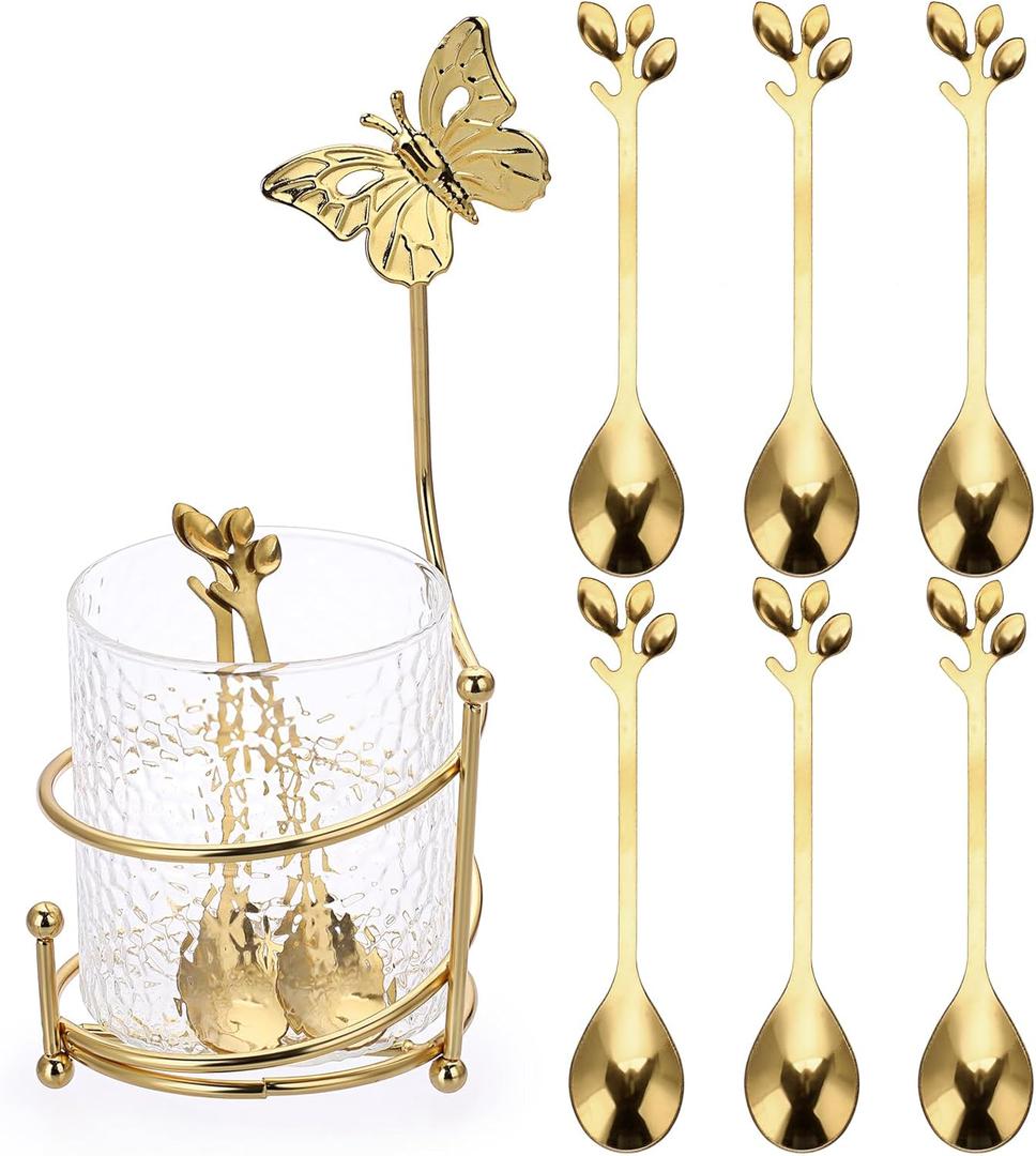 ELLDOO Coffee Spoon Set, Clear Glass Holder with 8 Stainless Steel Gold Leaf Coffee Spoons, Creative Flatware Set for Stirring, Mixing, Sugar, Ice Cream, Cake (8 x Spoons)