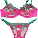 Lilosy Sexy Satin Mesh Floral Sheer Embroidered Underwire Lingerie Set 2 Piece Women (Medium, Flower Hot Pink)