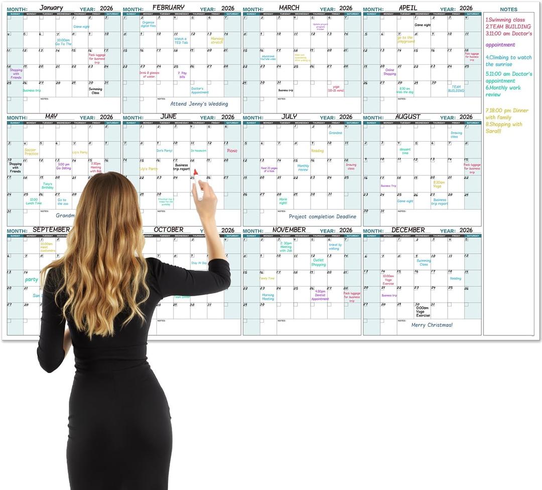 Large Dry Erase Calendar for Wall Yearly Wall Calendar Dry Erase, 58" x 37", 12-Month Undated Blank Calendar Planner, Reusable Laminated with 15 Round Stickers, Perfect Large Wall Calendar for Office, Home and Classroom