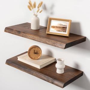 24 Inch Live Edge Floating Shelves, Solid Elm Wood Shelf, Set of 2, 24 Inch | 2 Pack
