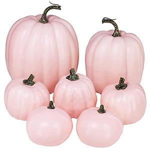 Winlyn 7 Pcs Assorted Sizes Fall Artificial Peach Pink Pumpkins Harvest Faux Foam Light Pink Pumpkins for Fall Autumn Season Halloween Thanksgiving Harvest Festive Tabletop Decoration