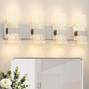 Modern Brushed Nickel 8-Lights Bathroom Vanity Light, Eleglant Nickel LED Bathroom Light Fixtures over Mirror, Dimmable Acrylic Shade Wall Lighting Fixtures, Hardwired Wall Light(H9.25in, L28.35in)