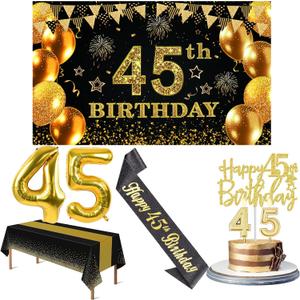 45th Birthday Decorations Men Women with 45th Birthday Banner, Black and Gold Table Cloth, Number Balloons, Large Sash, Cake Topper and Candles