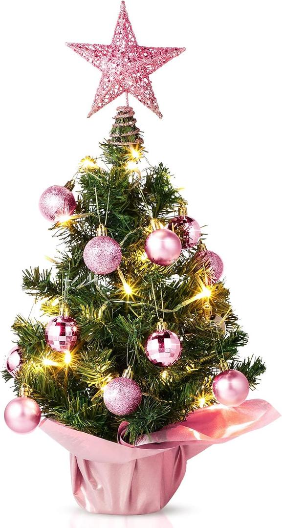Sumind 24inch/2ft Tabletop Mini Christmas Tree Set with LED Lights, 24 Christmas Ball Ornaments, Pre-lit Small Artificial Green Tree Decoration for Xmas Table Indoor Holiday(Pink)