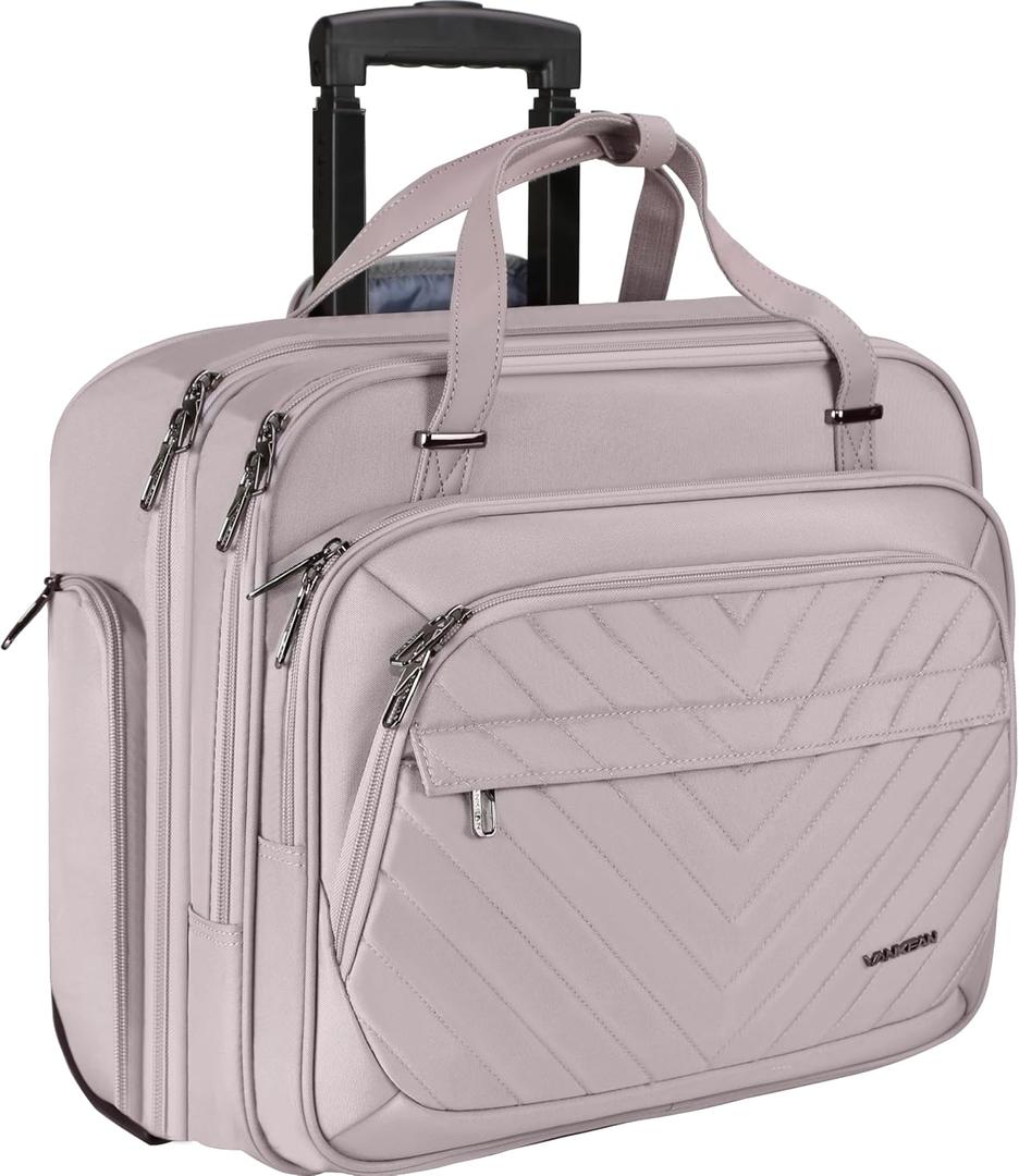 VANKEAN Rolling Laptop Bag Women with Wheels, 15.6 Inch Rolling Briefcase for Women, Water Repellent Overnight Computer Bag with RFID Pockets for Travel Business Work, Light Dusty Pink