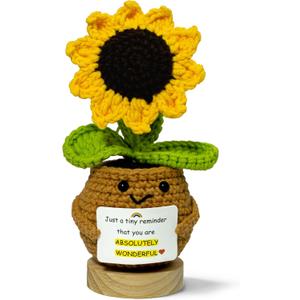 Emotional Support Crochet Sunflower - Cute Positive Desk Decor & Positivity Buddy, Unique Teacher Appreciation Gifts for Women, Coworkers, Friends - Handmade Plant (S5)