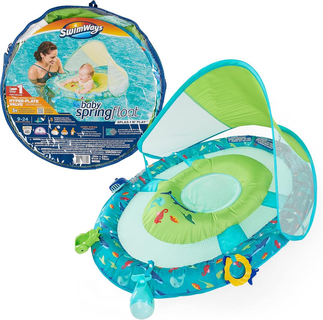SwimWays Baby Spring Float Splash N Play, Baby Float with Canopy & UPF Protection, Baby Pool Toys & Swimming Pool Accessories for Kids 9-24 Months