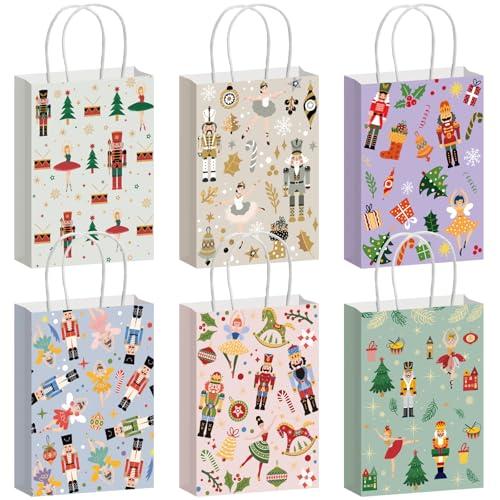 Kolldenn 24 Pcs Christmas Nutcracker and Ballerina Paper Gift Bags Christmas Treat Goodies Bags with Handle Santa Claus Candy Pouch for Xmas Holiday Party Favor Decorations Supplies, 6 Designs