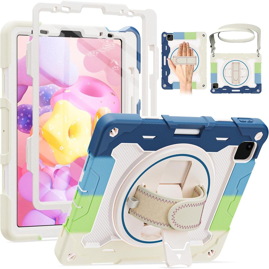 For iPad Air 5th 4th Generation 10.9 inch Case with Screen Protector [15ft Drop Protection] iPad Pro 11 Case 4th 3rd 2nd 1st Gen (2022 2021 2020 2018) for Kids W/ 360 Stand Hand/Shoulder Strap (Blue)
