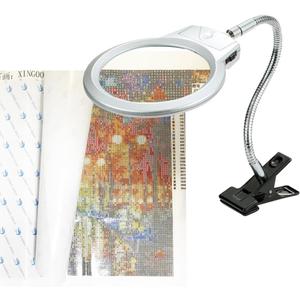 5D Diamond Painting Tools Magnifier LED Light with Clamp, Folding Design with 1 Glass Lens 4X & 6X Magnifier
