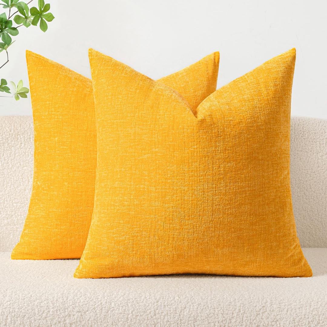 MIULEE Pack of 2 Couch Throw Pillow Covers 18x18 Inch Soft Goose Yellow Chenille Pillow Covers for Sofa Living Room Solid Dyed Pillow Cases