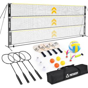 Volleyball Badminton Pickleball 3-in-1 Combo Net Set for Backyards, 5.1-7.4ft Adjustable Height Freestanding Indoor Sports Nets, Portable 17ft Outdoor Net with Carry Bag, Rackets and Balls