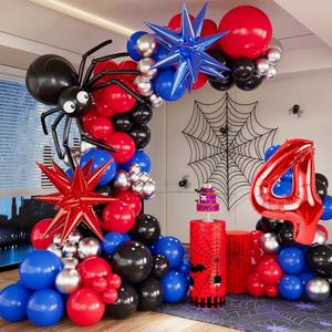Belscebels Spider 4th Birthday Decorations Boy, Spider Theme Balloons Arch Kit for Man Woman, Spider Birthday Party Decorations 4 Year Old Boy