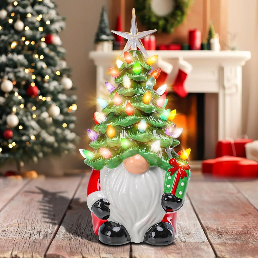 Vipush Ceramic Christmas Tree 11.2" Gnomes Vintage Ceramic Tree with Star and Multi-Color LED Lights for Xmas Indoor Desk Centerpiece Decor, Green