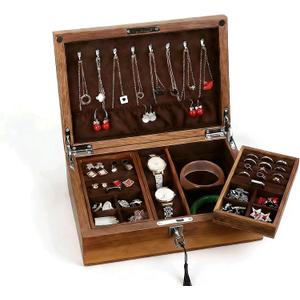 Bescott 2 Layer Solid Black Walnut Wooden Jewelry Box for Women Wood Vintage Organizer for Men Earrings Rings Necklaces Bracelet Watch Storage Mother's Day Gift