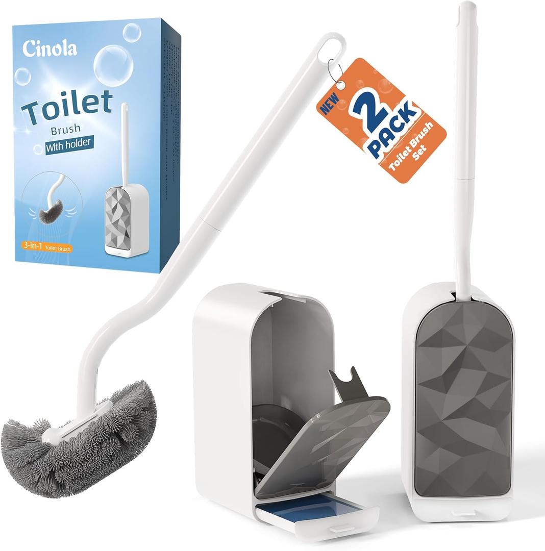 Toilet Brush and Holder 2 Set, Wall Mounted Toilet Bowl Brush with Hideaway Caddy, Toilet Cleaner Brush Built-in Drip Tray, Toilet Scrubber Brush Bathroom Decor, White RV Bathroom Accessories