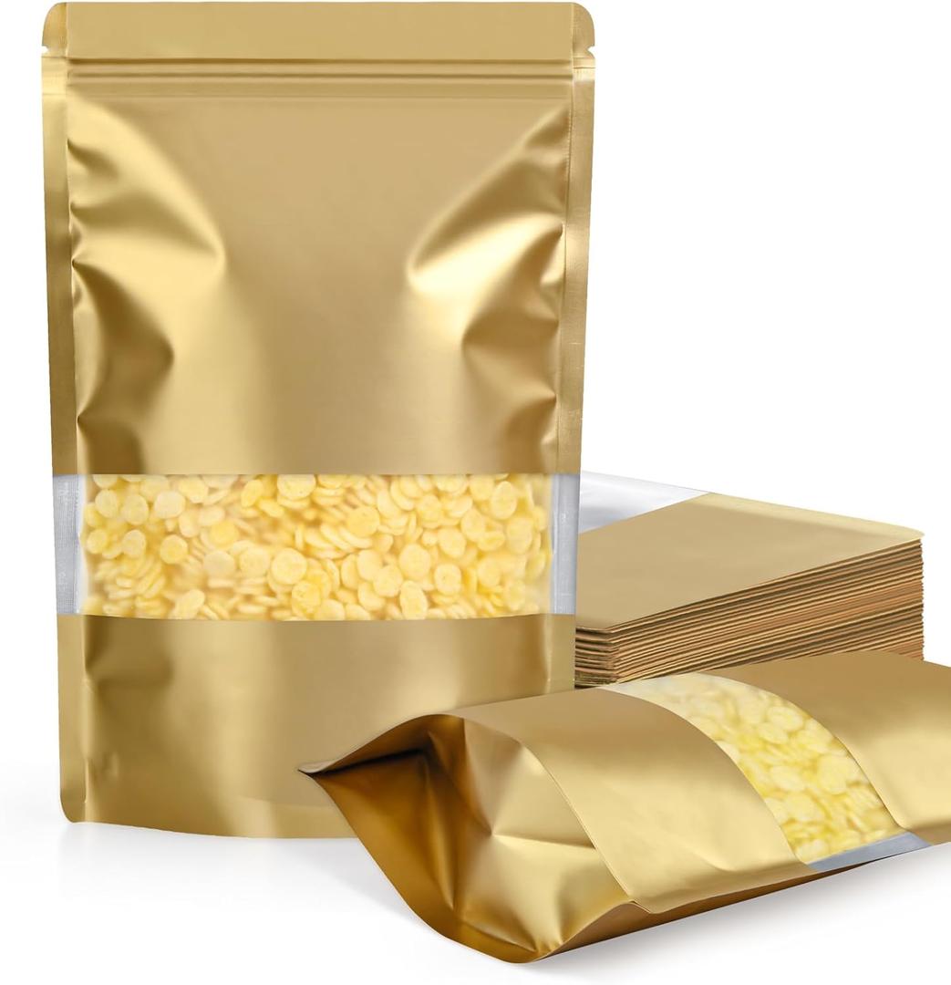 FireKylin 100 Pack Smell Proof Bags 7.9" x 11.8", Resealable Bags with Matte Window, Foil Pouch Stand Up Sealable Bags for Packaging(Gold)
