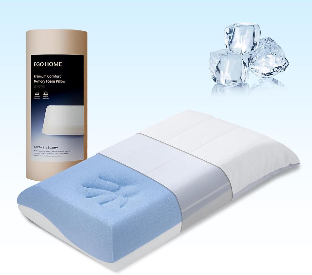 Cooling Memory Foam Pillow for Neck Pain Relief, Neck Pillow for Side, Back, Stomach Sleepers, Standard Size, Two-Sided Washable Reversible Cover, Medium&Soft Pillow, All-Season, 5 (26"*16"*5")