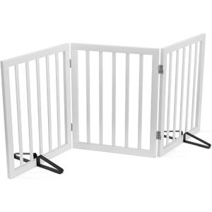 Dog Gates for The House Freestanding Foldable Pet Gates for Doorways 3 Panels 24'' Tall with 2PCS Support Feet Wooden White Dog Gate for Stairs (3 Panel - 55 inches Wide)