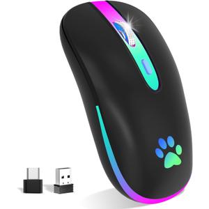 FUWANG Wireless Mouse, Rechargeable LED Wireless Bluetooth Mouse, Portable USB Optical 2.4G Bluetooth Two Mode Computer Mice with USB & Type-c Receiver for Laptop/Tablet/Computer/PC, Black
