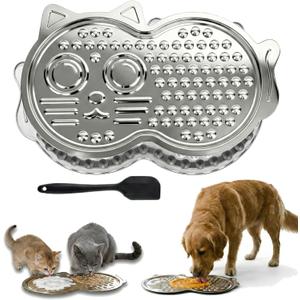 Heavy Duty Stainless Steel Lick Mat for Dogs & Cats  15" x 10" Extra Large Chew Proof Slow Feeder with Suction Cups, Metal Licking Pad for Anxiety Relief, Cute Cat Silhouette Design