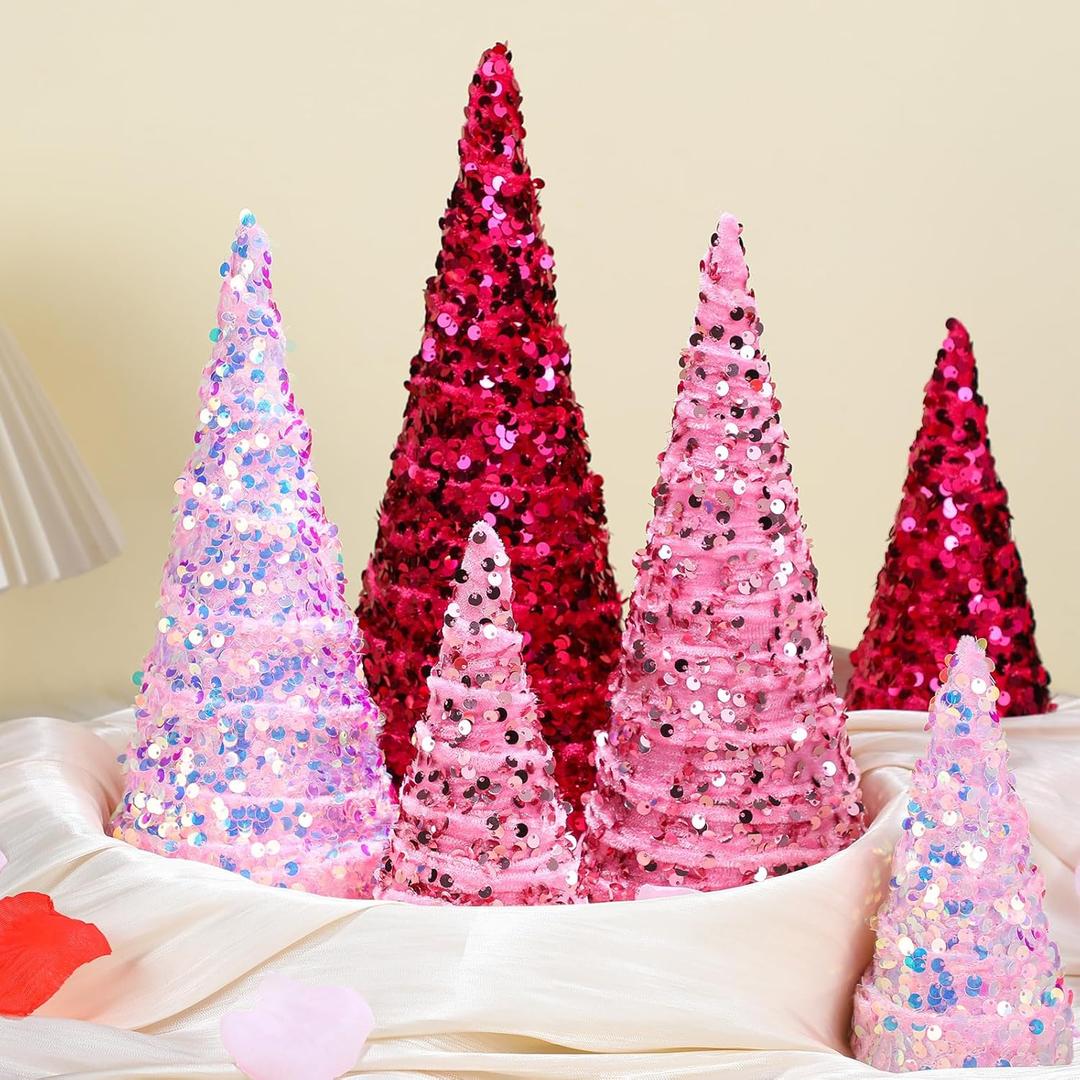 6 Pcs Glitter Valentine's Day Cone Tree Decoration Mardi Gras Cone St. Patrick's Day Tabletop Trees Table Centerpiece for Shelf Home Decor Festival Party Decoration(Rose Red, Purple, Pink)