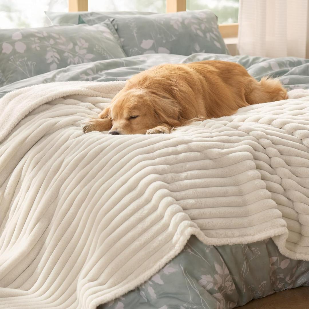 Bedsure ComfyFleece Waterproof Dog Blankets for Large Dogs - Soft Pet Cat Blanket Corduroy Fleece for Bed Protector Washable, Cozy Calming Reversible Furniture Protection,60"x80", Cream