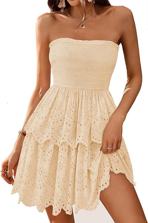 BTFBM Summer Dresses for Women 2025 Tube Strapless Mini Hollow Out Lace Wedding Guest Dress (Small)