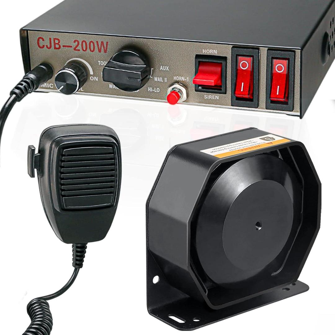 12V 200W 9 Tones Warning Emergency Siren PA System [Slim Speaker][125-135dB][Handheld Microphone][Hands-Free][2 x 10A Switches] for Tow Trucks, Construction Vehicles Car SUV ATV UTV