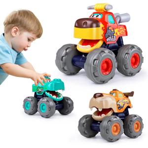 Toy Cars for 1 2 3 Year Old 3 Pack Monster Truck Toys Crocodile Bull Leopard Pull Back Car Big Wheel Animal Toy Trucks for Toddler 1-3 Baby Toys 12 18 Months Boy Girl Toddler Toy for 1 Year Old Gift