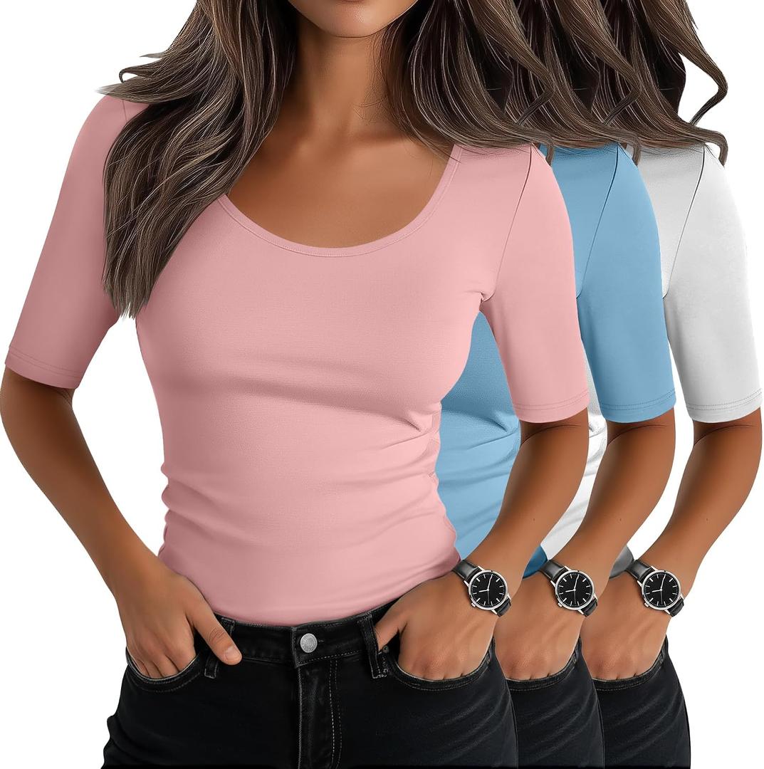 Neer 3 Pack Women's Scoop Neck Tops Half Sleeve Slim Fitted Cotton Blend Stretchy T-Shirts Tight Casual Basic Tees(Medium,Lotus Pink, Sky Blue, White)