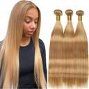 8 10 12 inch Color 27 Bundles Honey Blonde Bundles Human Hair Blonde Straight Bundles Human Hair Double Weft Weave Extensions Hair Soft And Healthy For Black Women