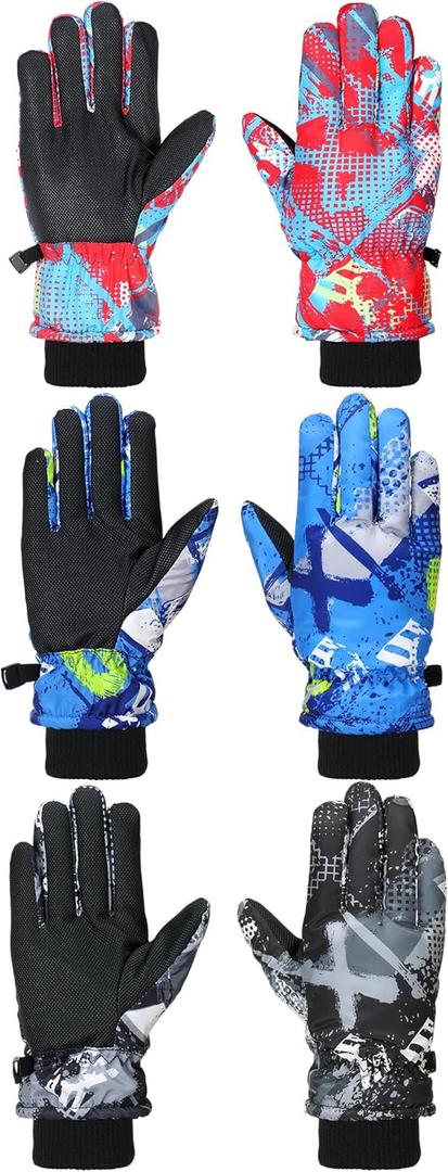 Bencailor 3 Pairs Kids Winter Gloves Waterproof Snow Ski Gloves Warm Windproof Adjustable Mittens for Boy Girl Outdoor (6-10 Years, Red, Blue, Gray)
