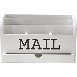 Cregugua White Desk Organizer Wooden Mail Storage box for tabletop office home,5 compartments with Drawer (4x11.8x7 in)