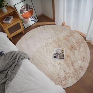 Ghouse Faux Rabbit Fur Round Rug 5ft Light Brown Beige Round Rugs for Bedroom Decor Fluffy Area Rugs for Living Room, no-Shedding Carpet Sheepskin Washable Rug Rome Decor