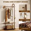 31.5" Wide 3-in-1 Freestanding Clothing Rack,Wooden Coat Rack with 2 Shelves and 6 Hooks,Solid Rubber Wood Coat Rack with Shelves for Entryway, Bedroom, Living Room, Walnut
