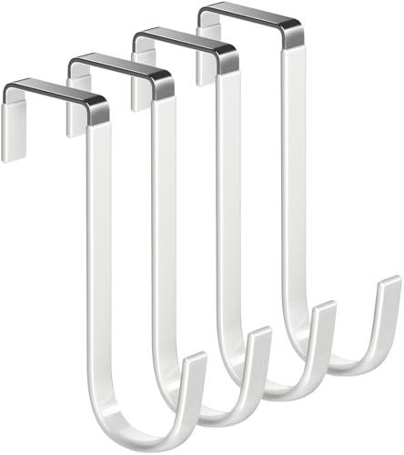 Mars-Rock Over the Door Hooks 4Pcs L=5.5" Fit 1 3/8" Door Steel with White Rubber Coating Hanging Towel Robe Clothing Hanger for Bathroom Room Wreath Ironing Board Holder Cute Thin Single Heavy Duty