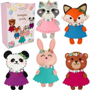 Cymbana Kid Sewing Craft Kit to Make a Friend for Beginner Felt Craft Learn to Sew, Panda Fox Bunny Raccoon Bear 5 Animals
