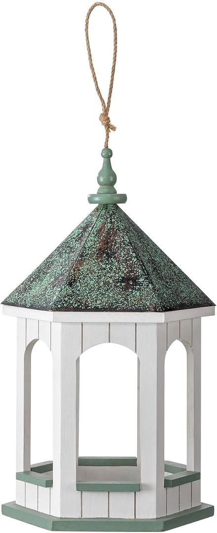 Glitzhome Bird Feeders for Outdoors Hanging Hexagon Shaped Wooden Wild Bird Feeder with Metal Roof and Large Capacity, 15.75" H