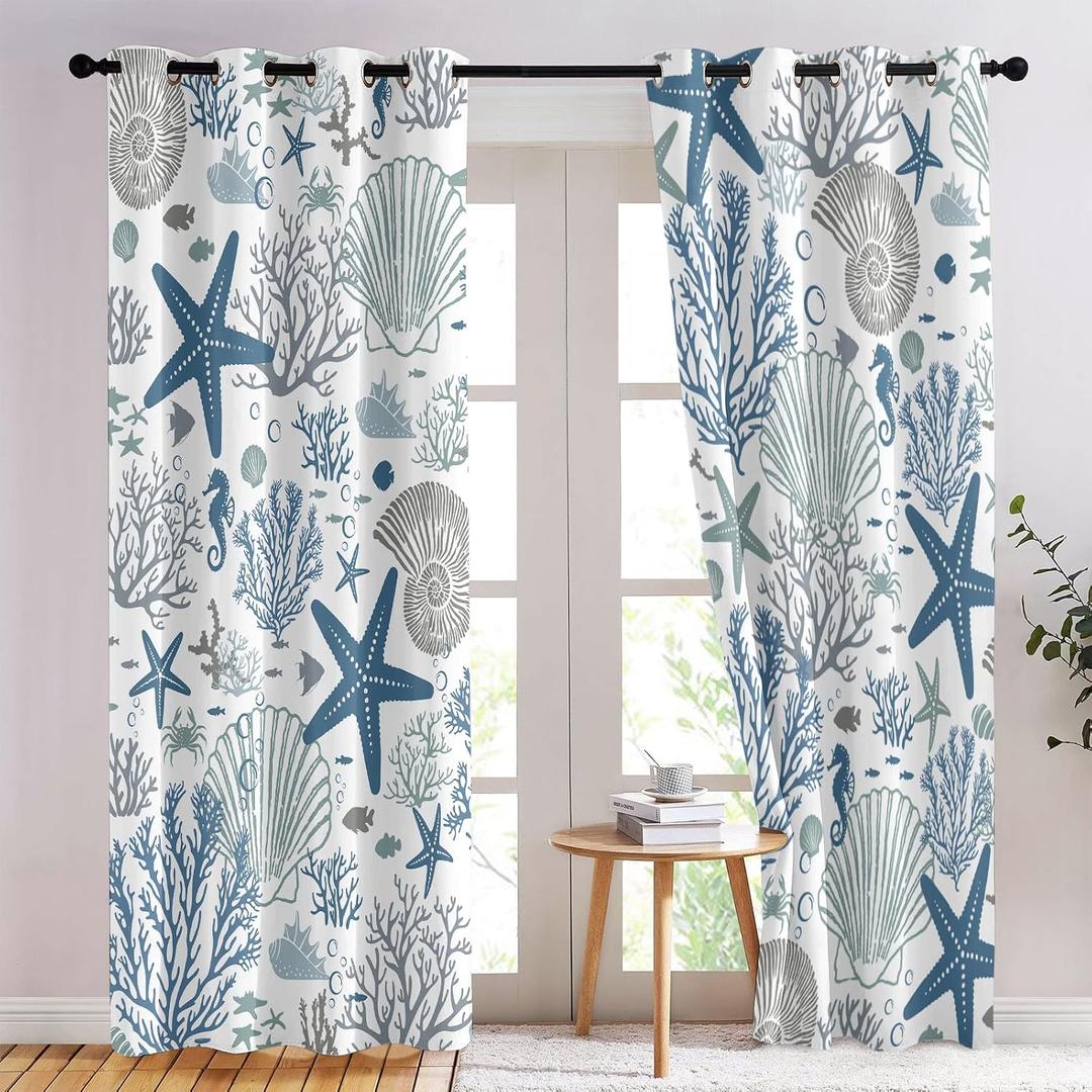 Coastal Curtains for Bedroom, Summer Beach Curtains for Windows, Blue Starfish Window Curtain Ocean Shell Nautical Curtain 52 x 84 Inch Long 2 Panels Seashell Kitchen Window Decor Living Room
