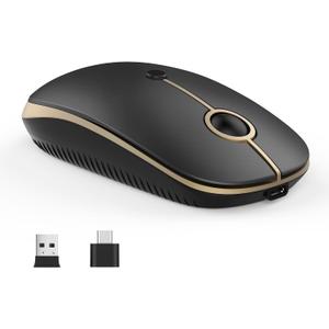 VssoPlor Type C Wireless Mouse USB C Rechargeable Portable Quiet Laptop Mouse USB and Type C Receiver Dual Mode Mice for PC, Laptop, MacBook, Tablet-Black Gold