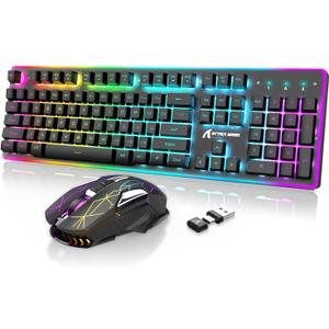Wireless Gaming Keyboard and Mouse Combo,2.4G Type C/USB Dual Receiver,Full Size Chroma RGB Backlit,Rechargeable 4200mAh,Silent Mice,Mousepad for Smartphone TV Tablet PC Mac