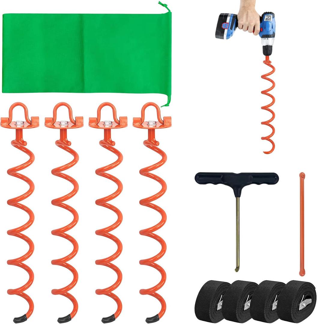 MIXXIDEA 16.2 Inch Orange Folding Ring Spiral Ground Anchors Metal Ground Stakes Dog Tie Out Stake Spiraling Anchor Trampoline Anchors for Tent, Securing Trampolines, Garden Fence Sheds Swings, 4 Pack