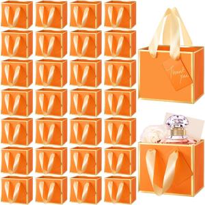 Yeaqee 50 Pcs Mini Metallic Paper Gift Bags with Handle 4x4.75x2.2'' Small Gift Bag DIY Tag Thank You Party Favor for Mother's Day Wedding Graduation Baby Shower Birthday Jewelry (Orange,Gold)