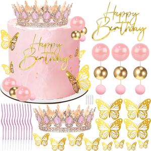 Crown Cake Topper, Pink & Rose Gold Crown Balls Happy Birthday Cake Toppers Candles Butterfly, Corona Para Pastel, Crown Cake Decorations for Women Queen Princess (Rose Gold, Jelly Pink)