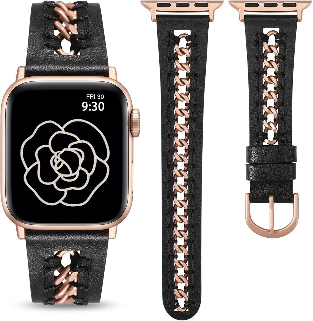 Minyee Leather Band Compatible with Apple Watch Bands 38/40/41/42/44/45/46/49mm Women, Dressy Premium Leather Strap with Stainless Steel Metal Chain for iWatch Series 11 10 9 8 7 6 5 4 SE/Ultra 3 2 1