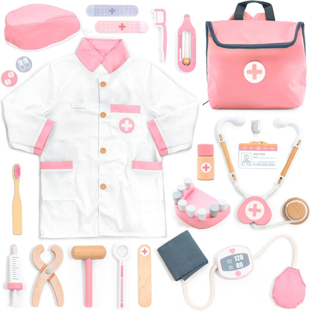 UMU Wooden Doctor Kit for Kids  Doctor & Dentist Play Set for Toddlers with Dr Coat, Stethoscope, Tooth Model & More  Dress Up & Pretend Play  Medical Toy for Girls Ages 3 4 5 6