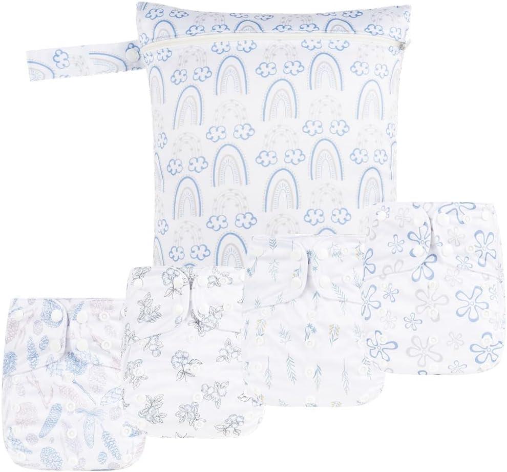 HappyFlute 9 Sets Newborn Baby Cloth Pocket Diapers Adjustable Reusable for Baby Boys and Girls(6-33 pounds,0-3 Years),One Wet Bag+4Diapers and 4Inserts (AD07)